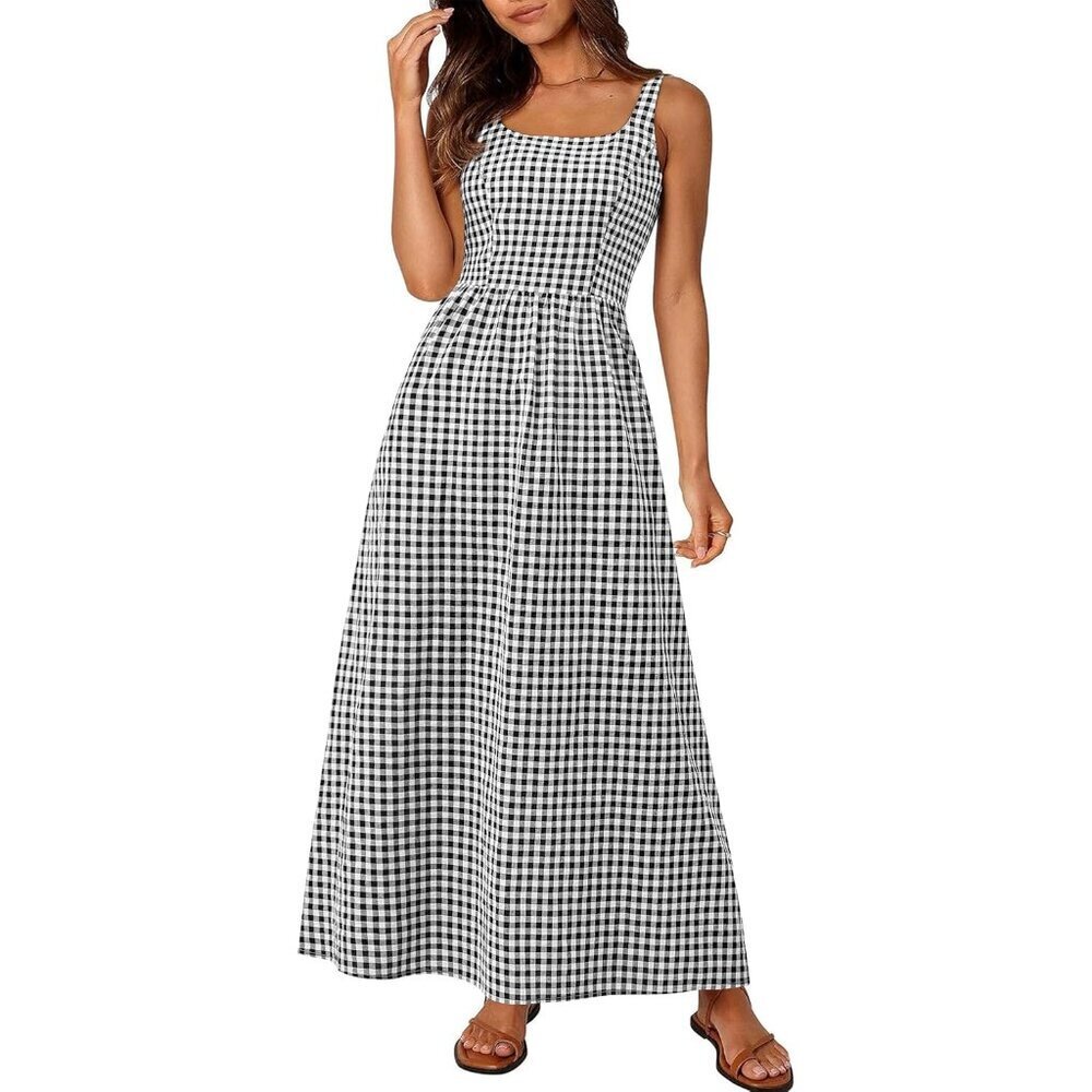 Women's Summer Maxi Dress Plaid Square Neck A Line Casual Beach Vacation